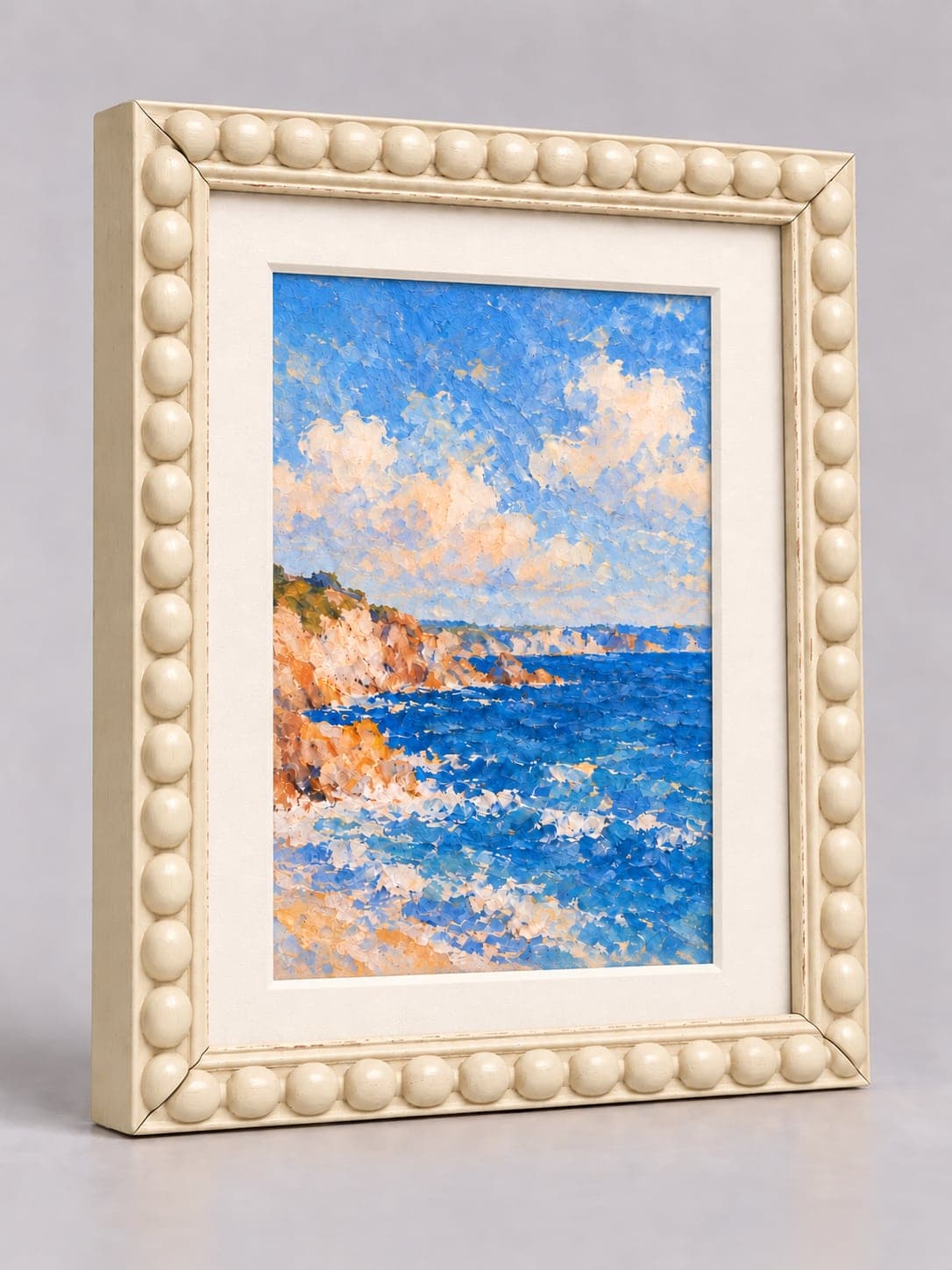 Cream Wood Bobbin / 20mm x 25mm frame with a white mount, whole frame with sample artwork