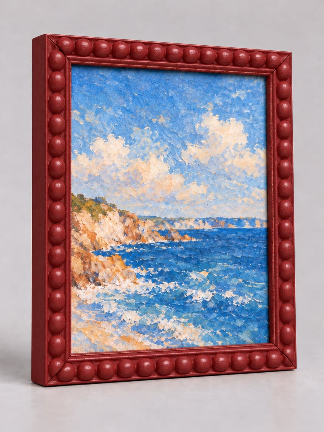 Dark Red Wood Bobbin frame, whole frame with sample artwork