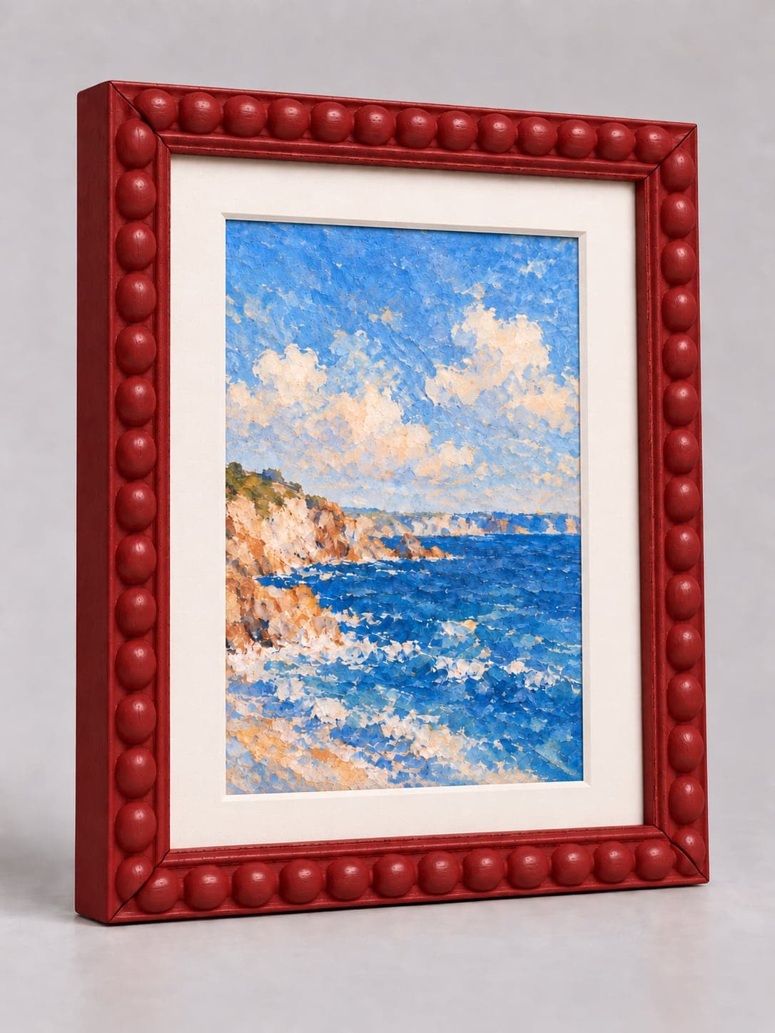 Dark Red Wood Bobbin frame with a white mount, whole frame with sample artwork