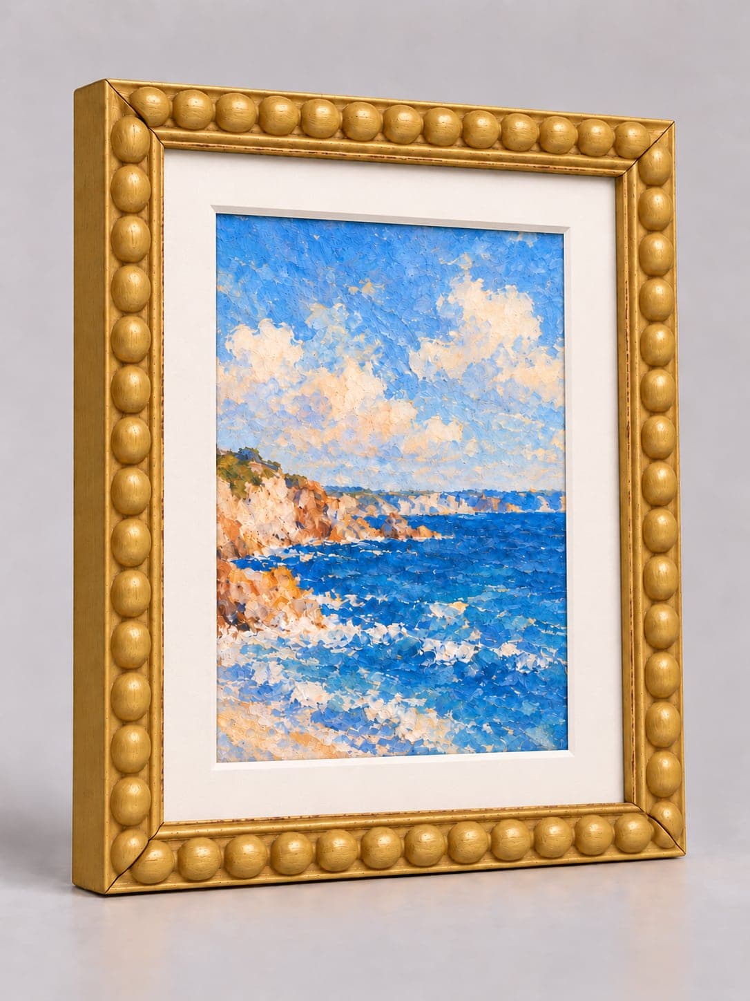 Gold Wood Bobbin / 20mm x 25mm frame with a white mount, whole frame with sample artwork