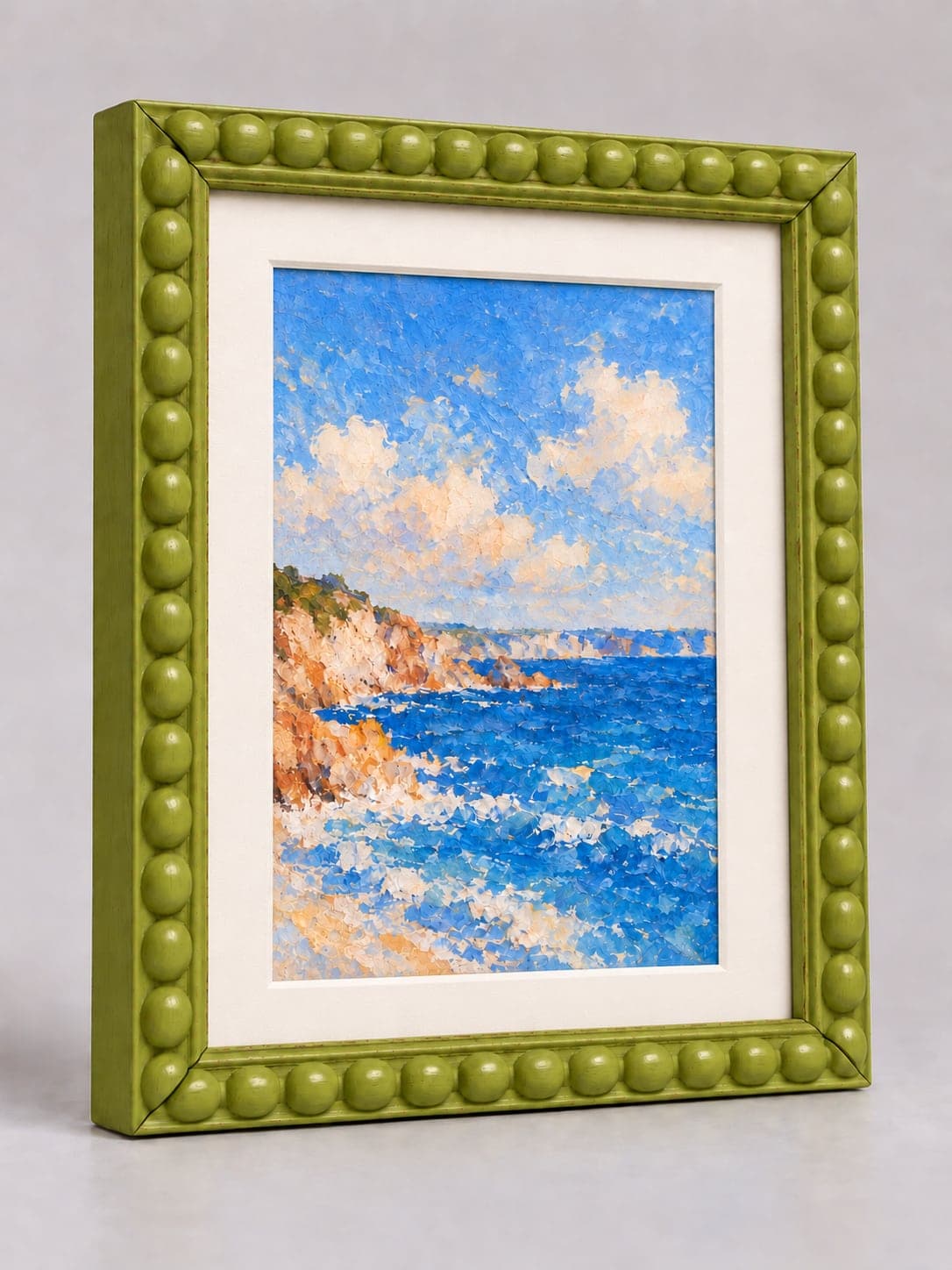 Green Wood Bobbin / 20mm x 25mm frame with a white mount, whole frame with sample artwork