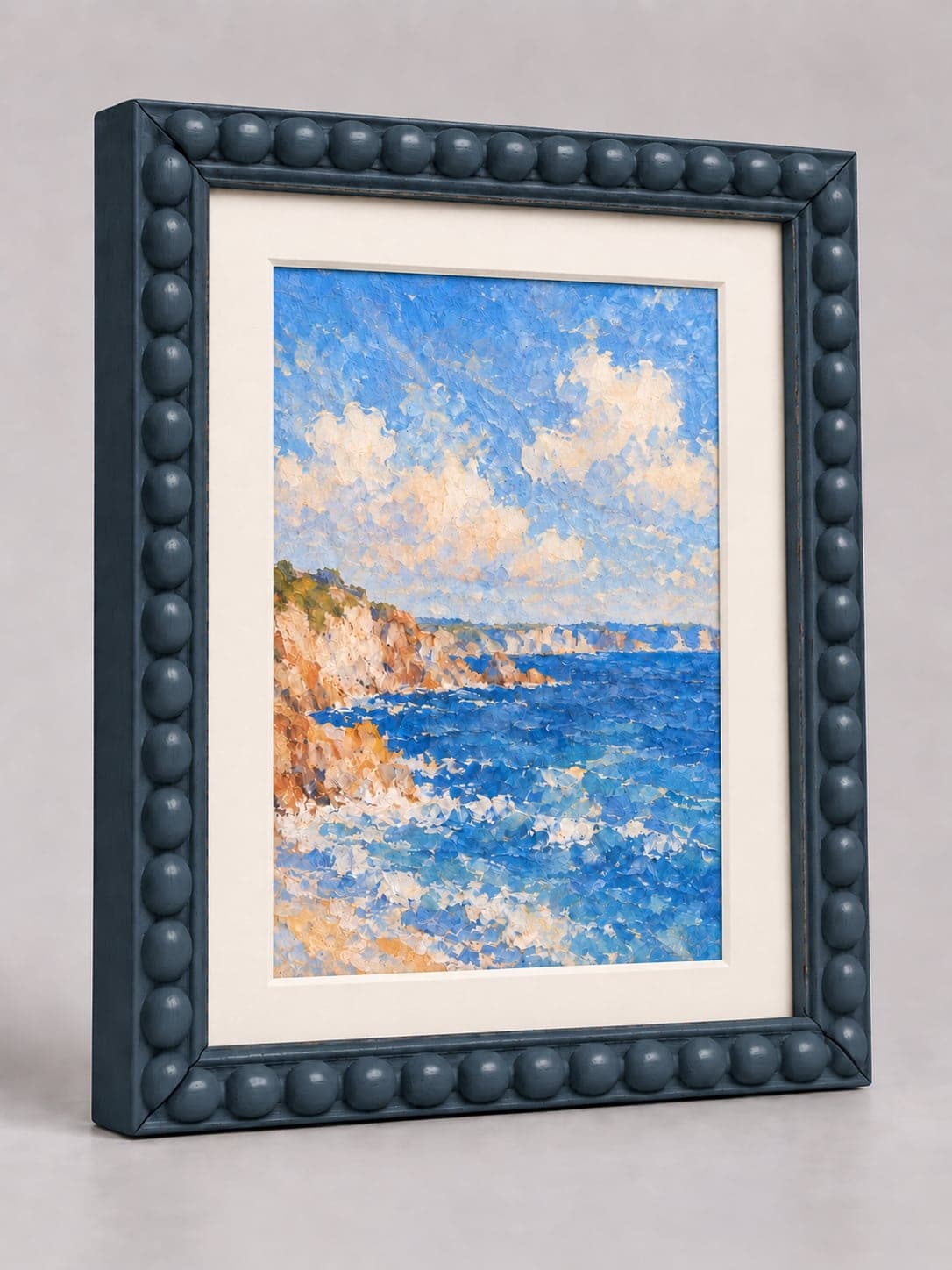 Midnight Blue Wood Bobbin / 20mm x 25mm frame with a white mount, whole frame with sample artwork