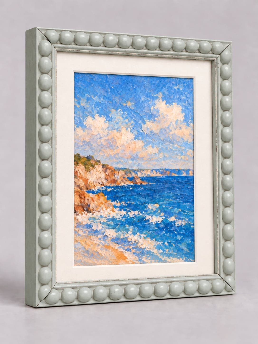 Pale Grey Wood Bobbin / 20mm x 25mm frame with a white mount, whole frame with sample artwork
