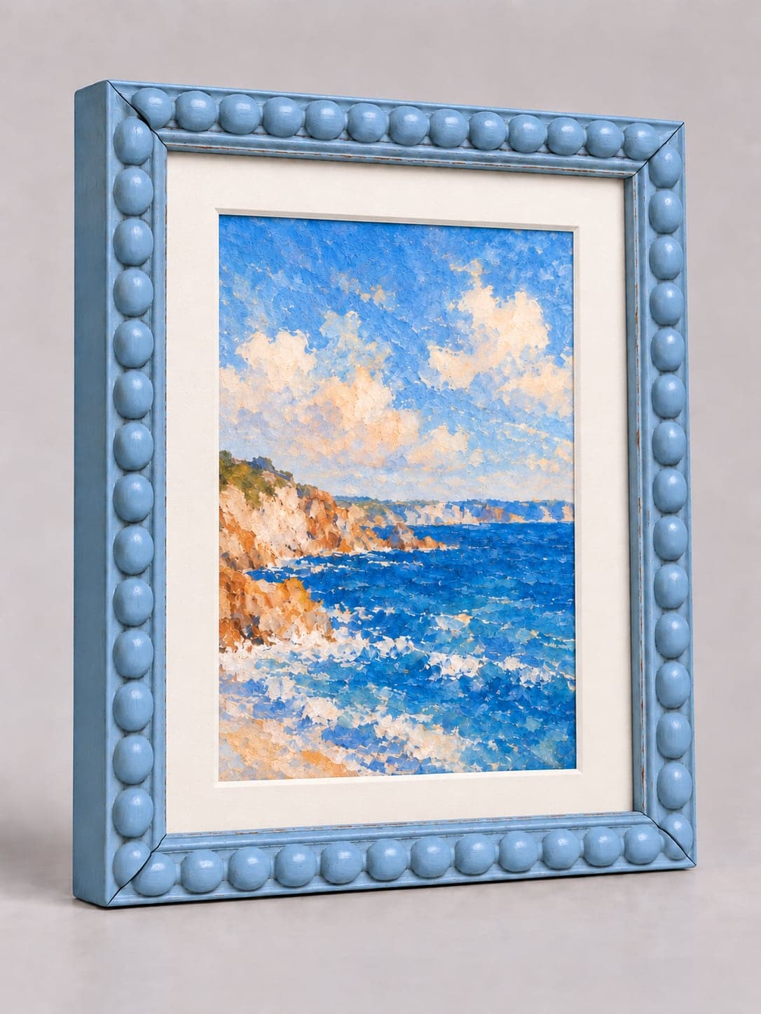 Sky Blue Wood Bobbin / 20mm x 25mm frame with a white mount, whole frame with sample artwork