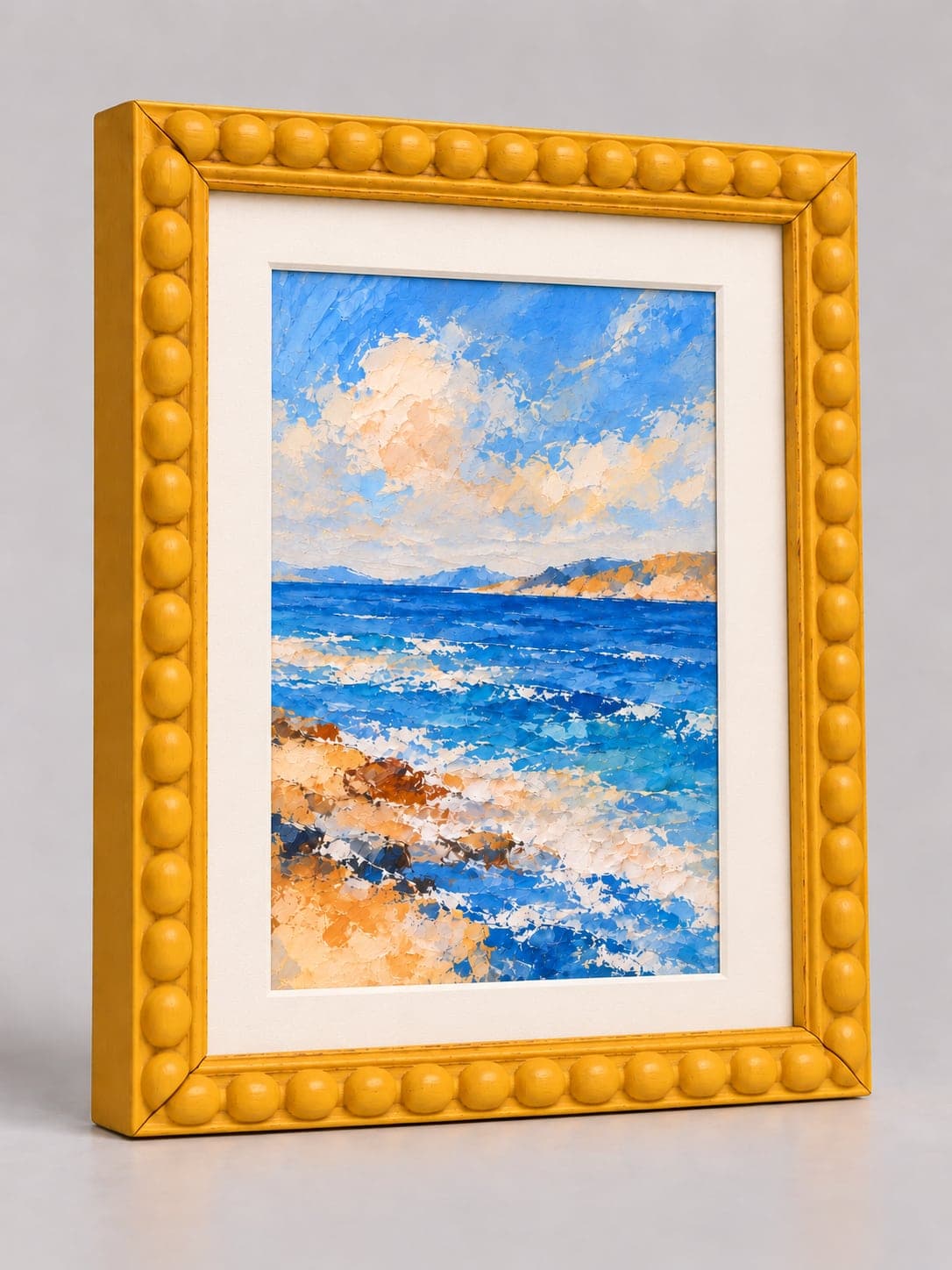 Yellow Wood Bobbin / 20mm x 25mm frame with a white mount, whole frame with sample artwork