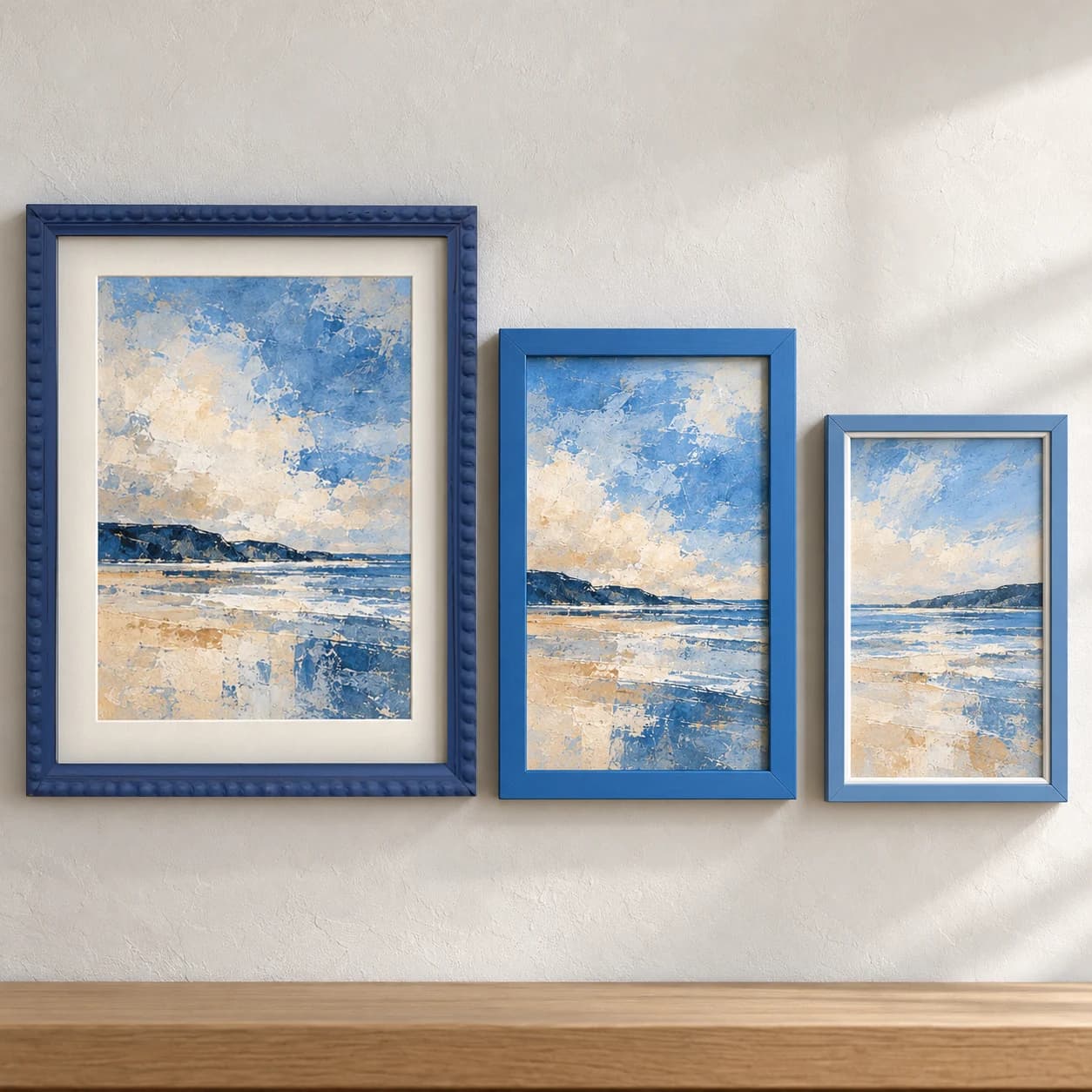Group of blue picture frames with sample artwork