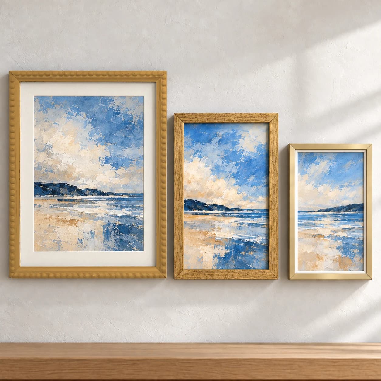 Group of gold picture frames with sample artwork