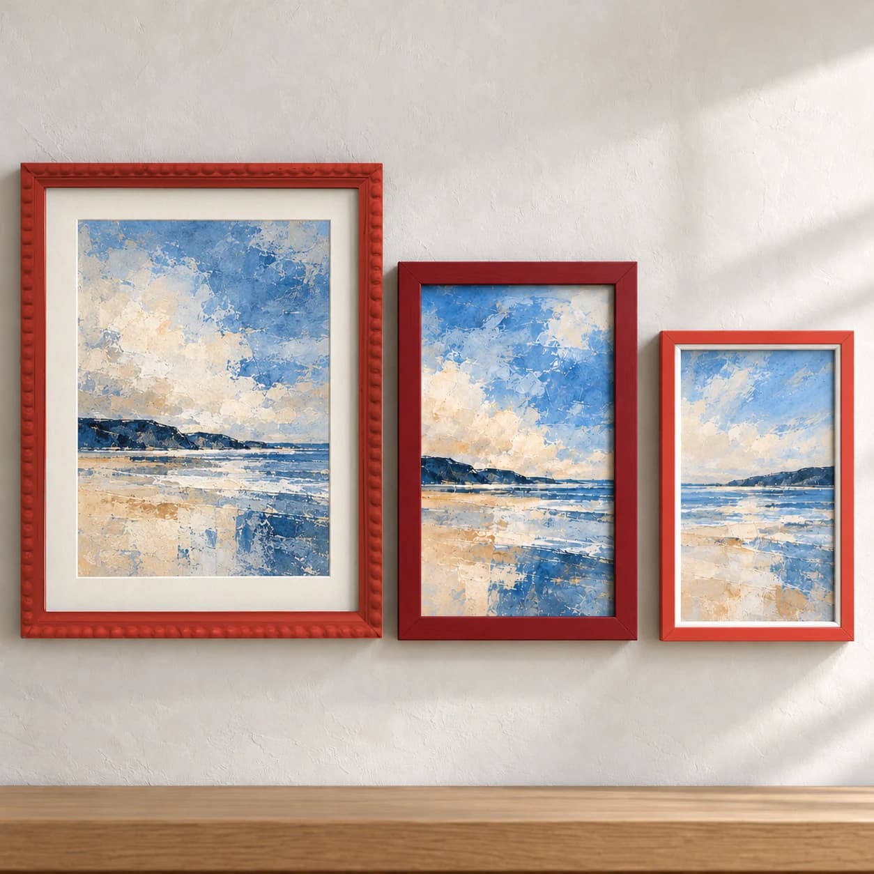 Group of red picture frames with sample artwork