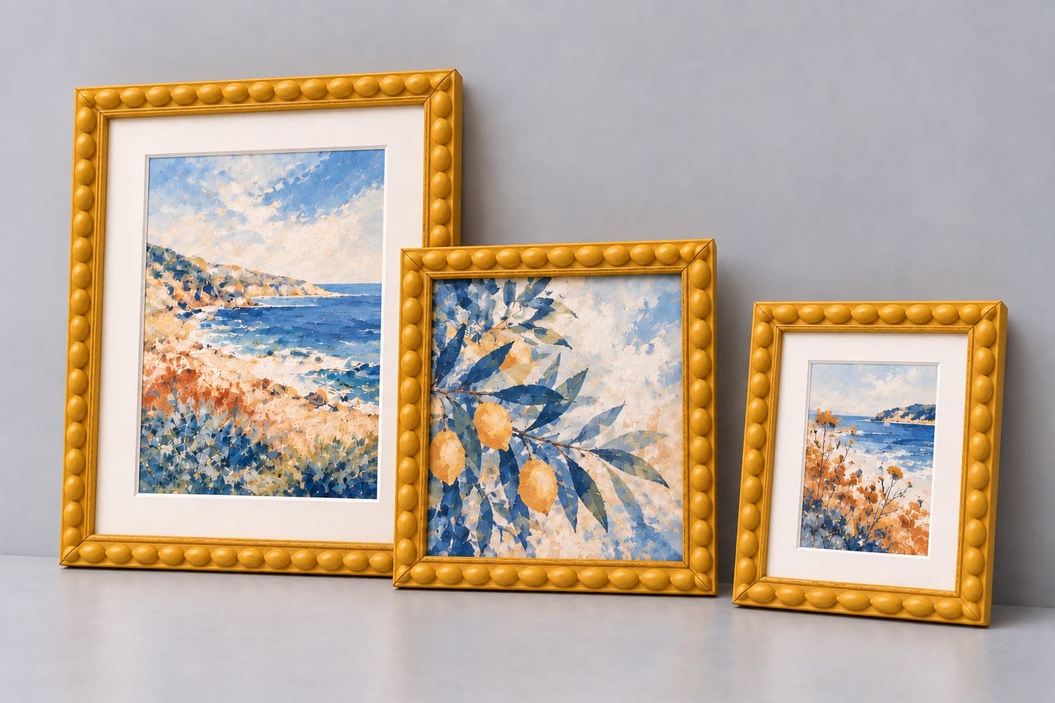 Group of yellow picture frame finishes with example artwork