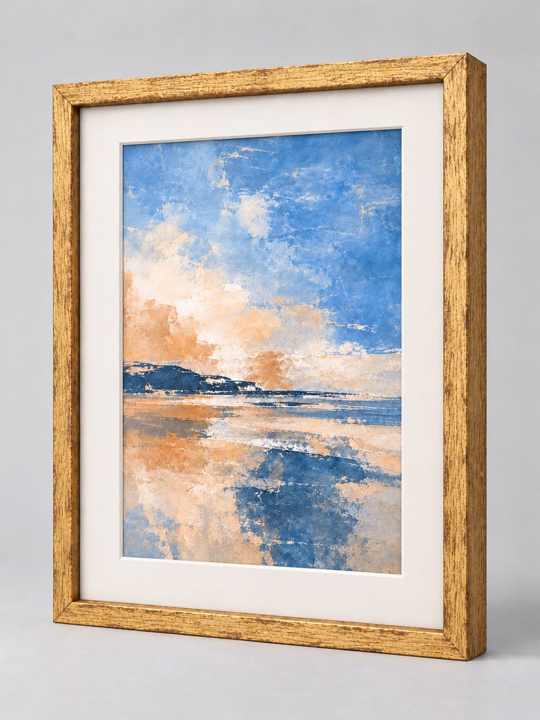 Antique Gold Wood (Closed Grain) / 20mm x 32mm frame with a white mount, whole frame with sample artwork
