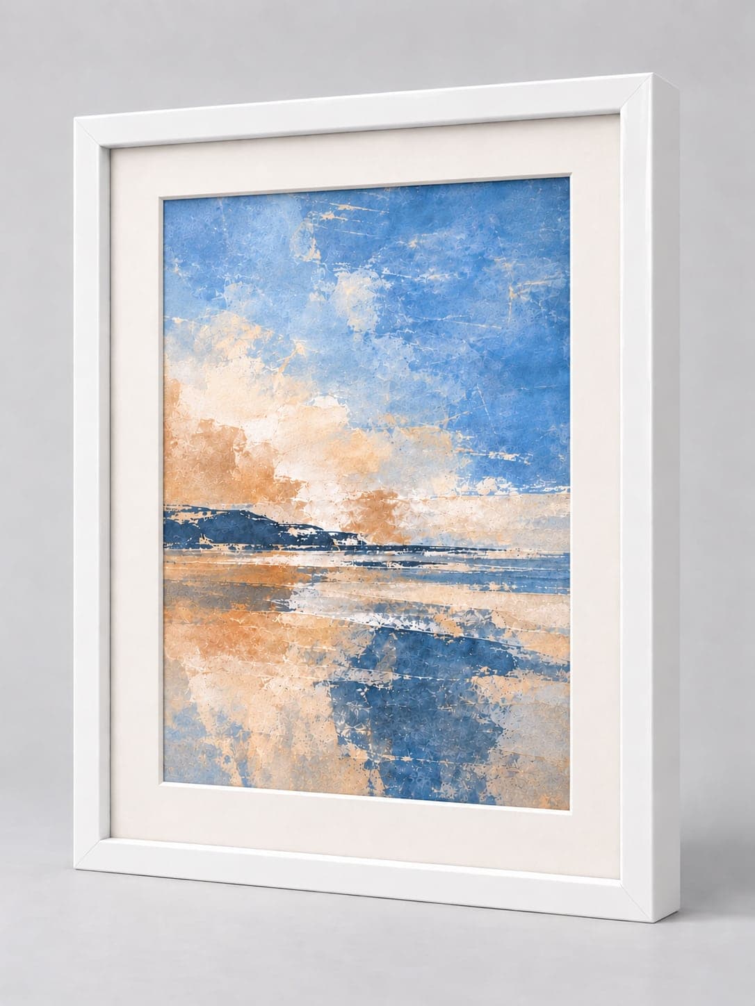 Gloss White Wood Frame (Closed Grain) / 20mm x 32mm frame with a white mount, whole frame with sample artwork