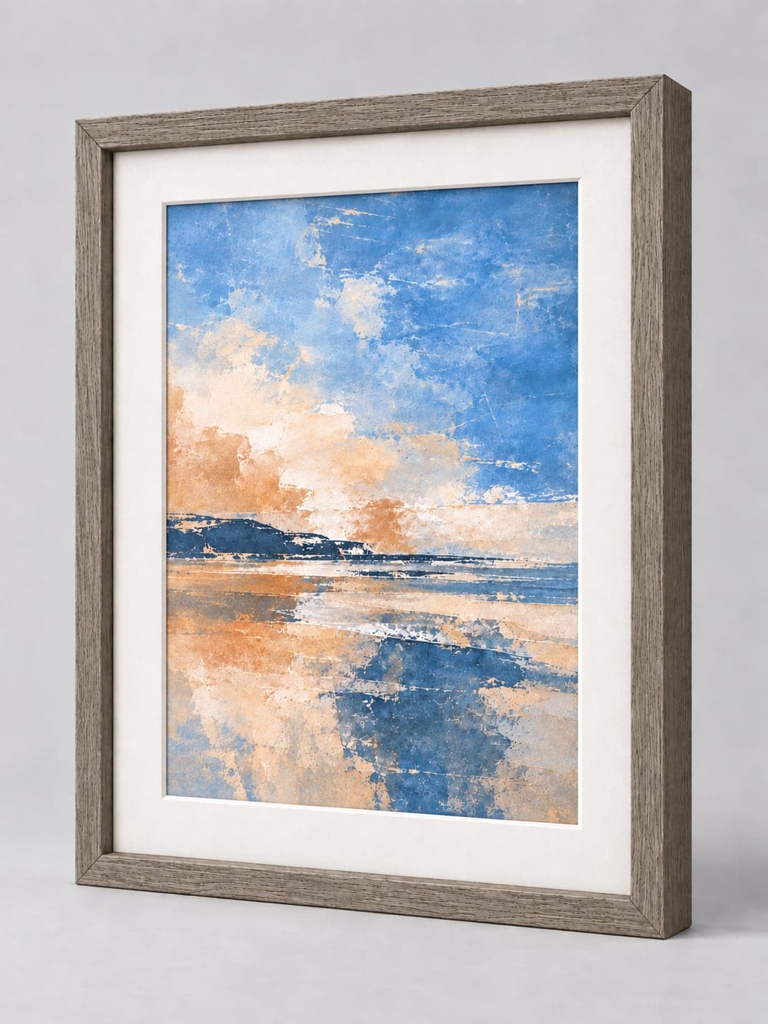 Grey open-grain deep frame with a white mount and example artwork