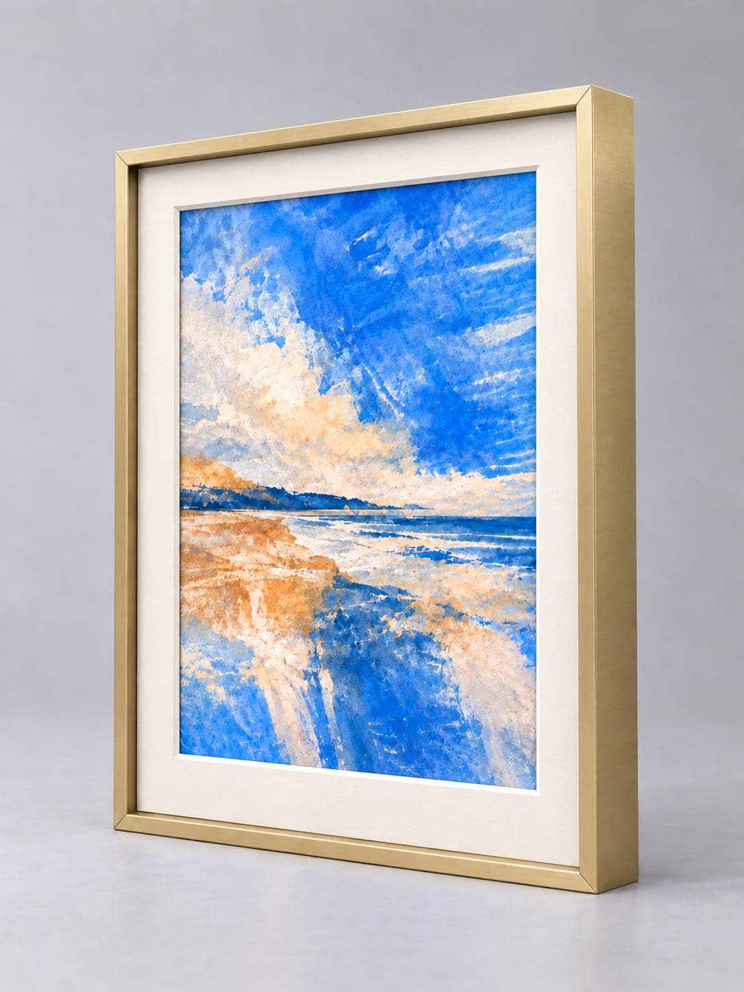 Gold Metal (Brushed) frame with a white mount, whole frame with sample artwork