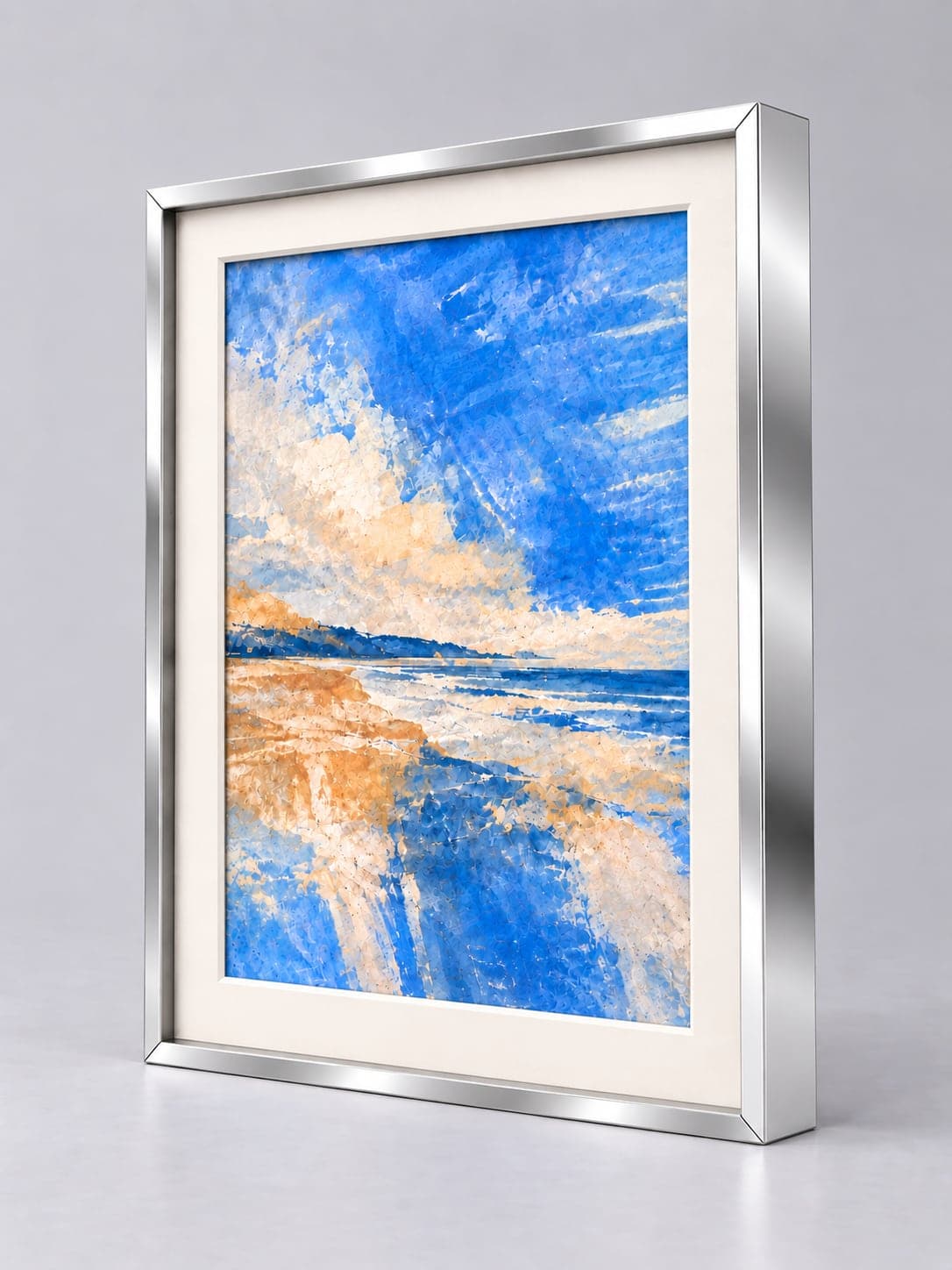 Polished Silver Metal / 7.8mm x 25.9mm frame with a white mount, whole frame with sample artwork