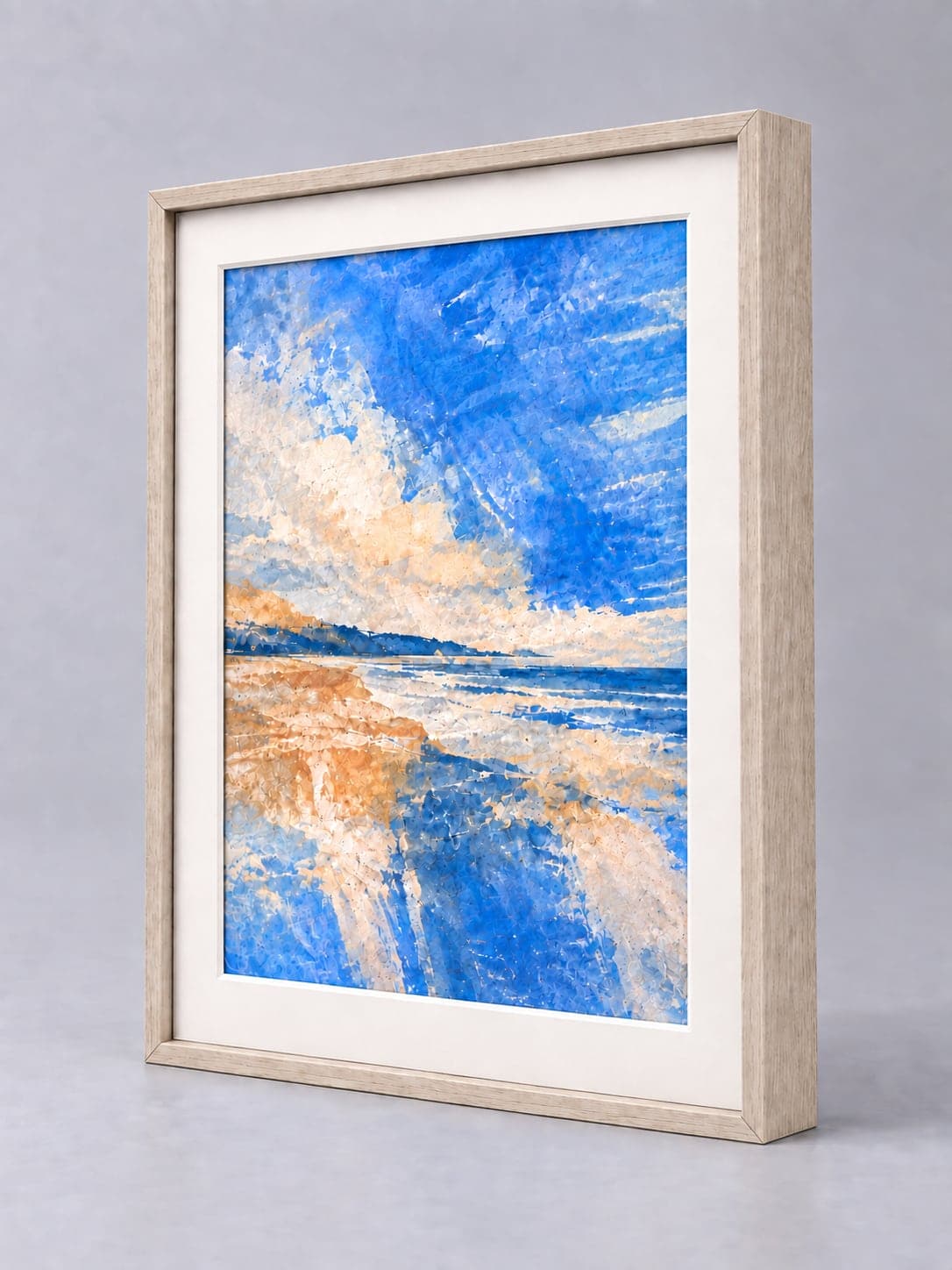 White Oak Metal (Wood Veneer) / 7.8mm x 25.9mm frame with a white mount, whole frame with sample artwork
