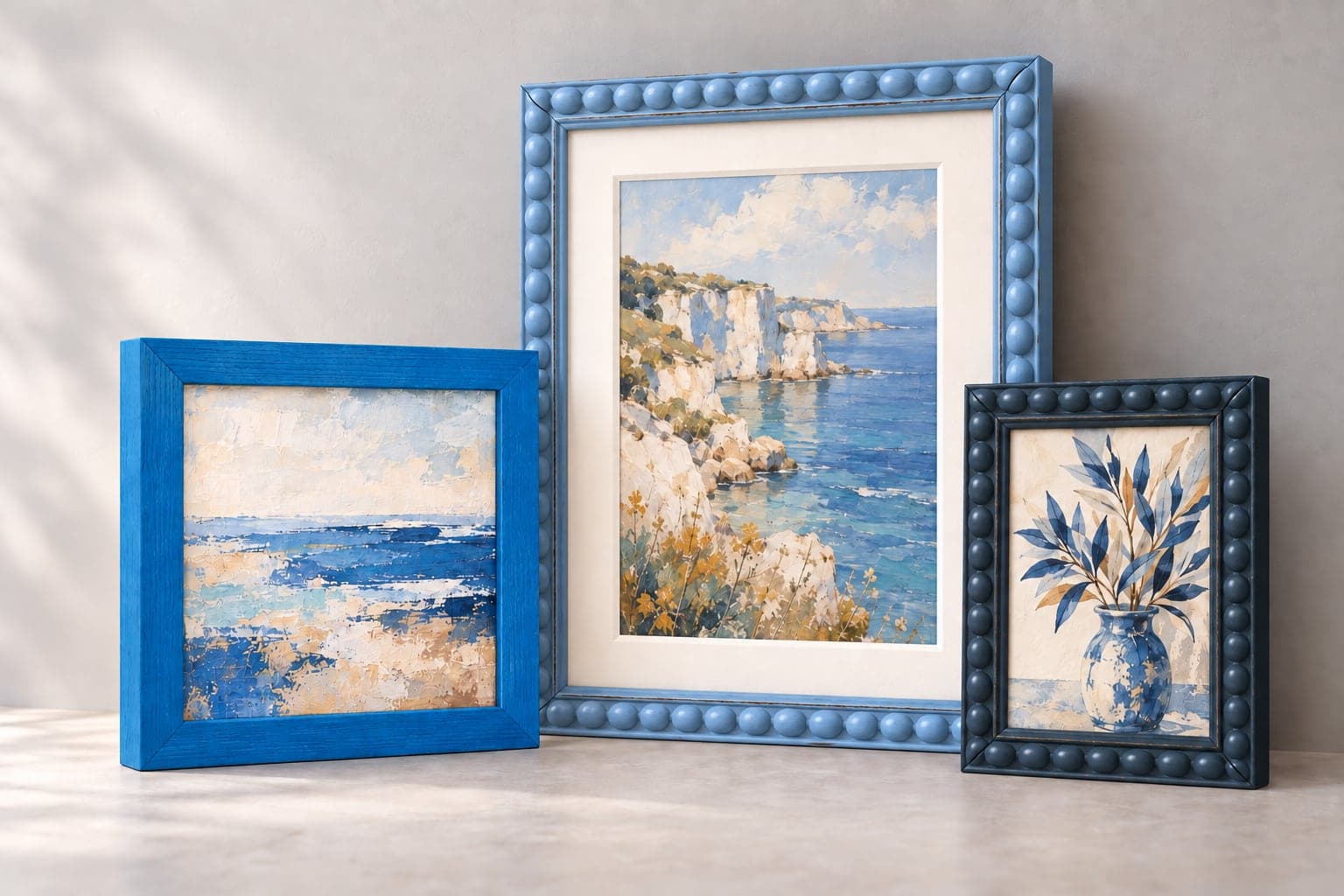 Group of blue picture frames with sample artwork
