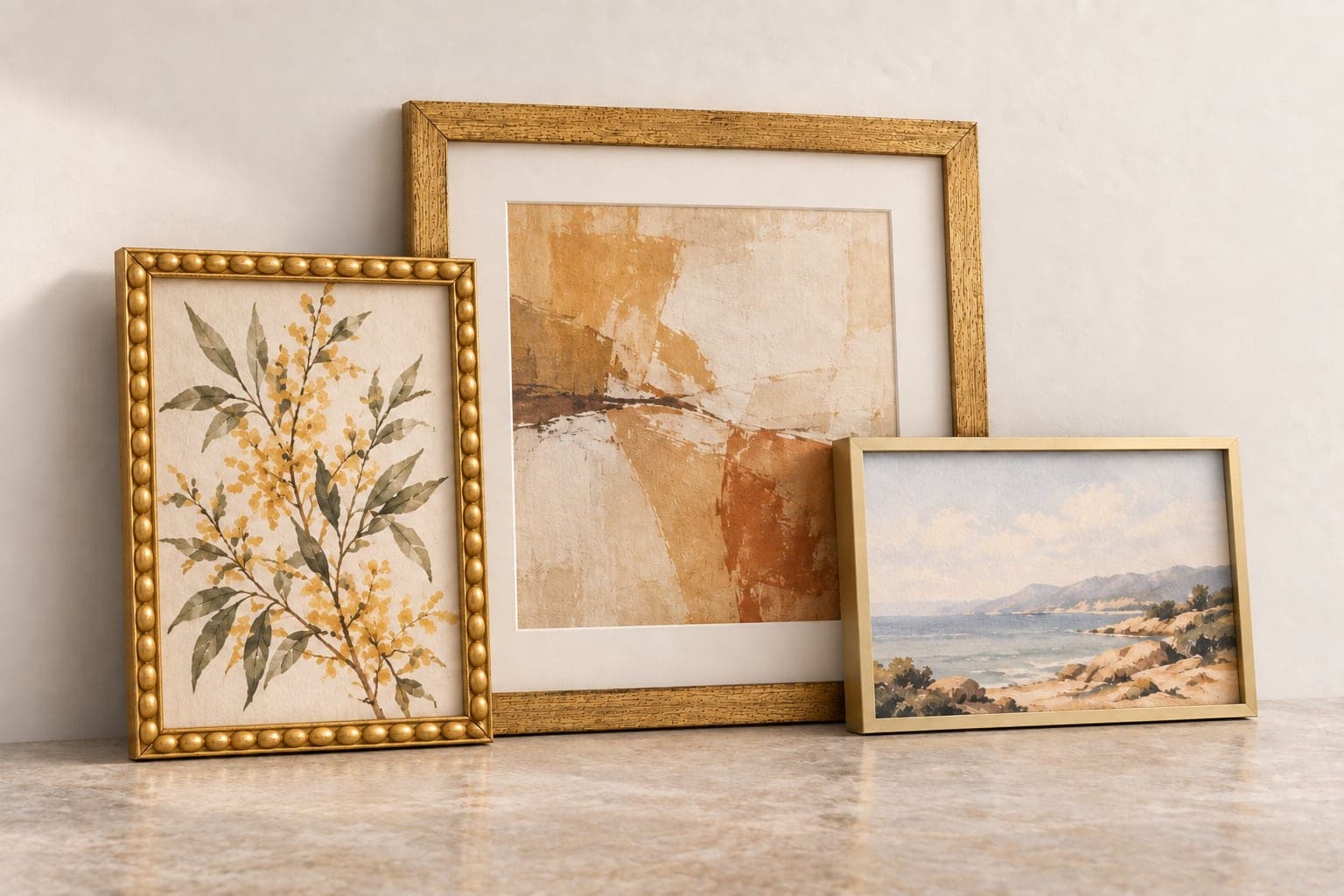 Group of gold picture frames with sample artwork