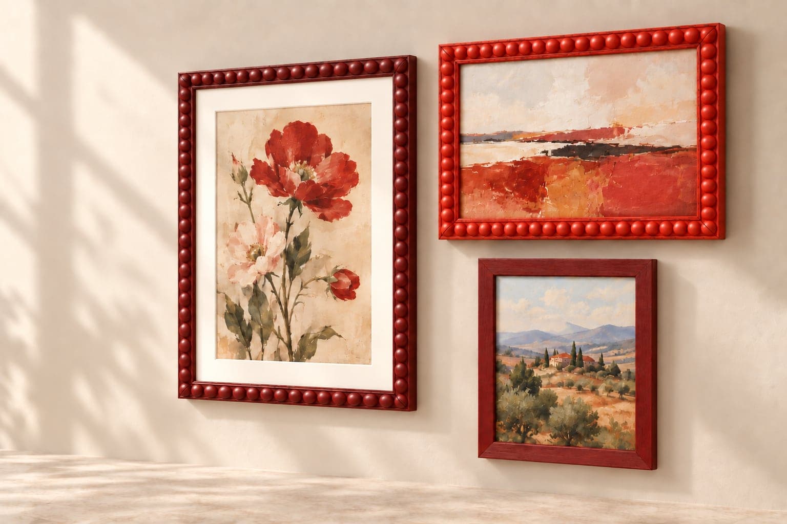 Group of red picture frames with sample artwork